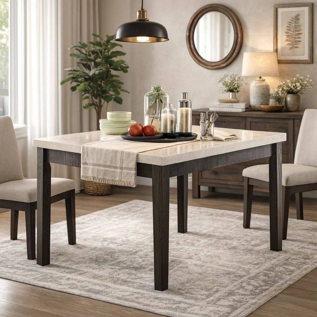 Wooden Counter Height Table With Marble Top, White and Black