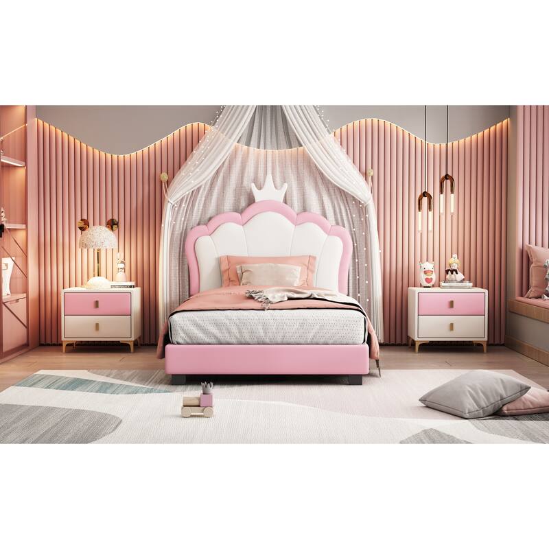 Twin size Upholstered Princess Bed With Crown Headboard,Twin Size Platform Bed with Headboard and Footboard,Cream+Pink