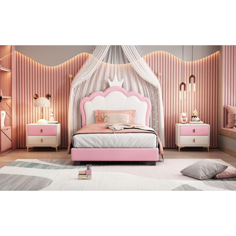 Twin size Upholstered Princess Bed With Crown Headboard,Twin Size Platform Bed with Headboard and Footboard