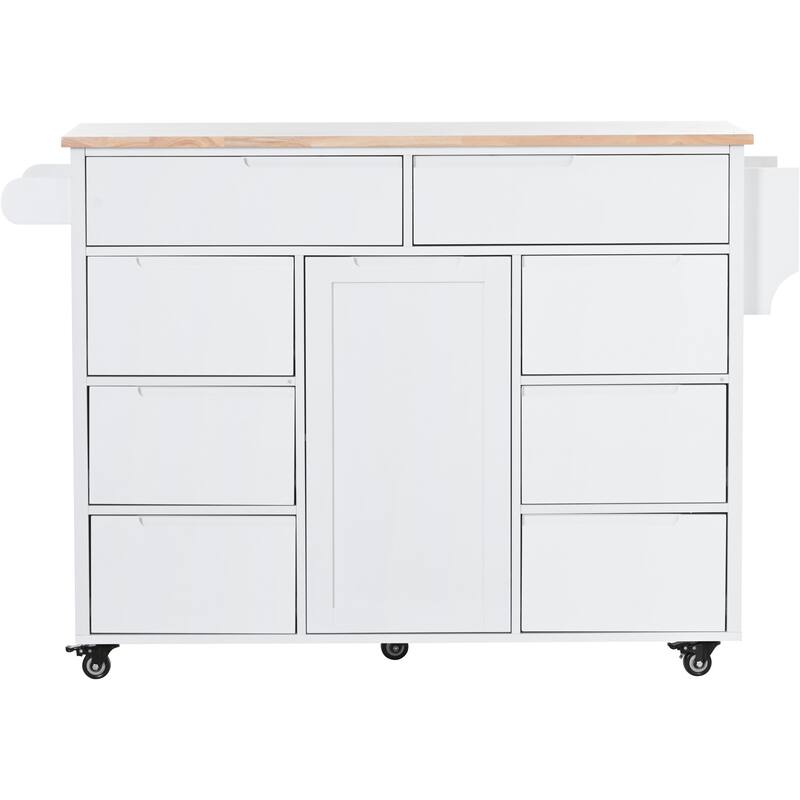 Kitchen Island with 8 Handle-Free Drawers, Rubber Wood Top, Flatware Organizer & 5 Wheels for Storage & Organization