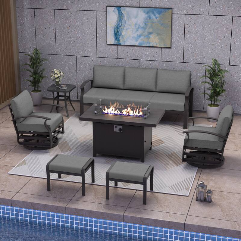 Aluminum Patio Furniture Set with Fire Pit, Ottomans & Rocking-Swivel Chairs, Modular Sofa with Thick Cushions