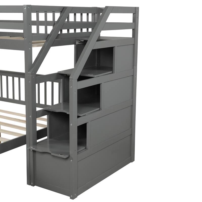 Twin over Full Loft Bed with Staircase, Gray, Storage, Pine Wood & MDF, Assembly Required