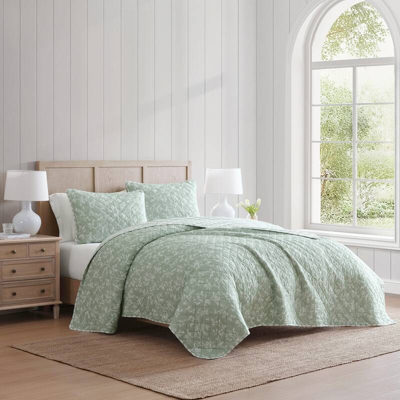 Martha Stewart French Bird Floral Green Cotton Reversible Quilt Set