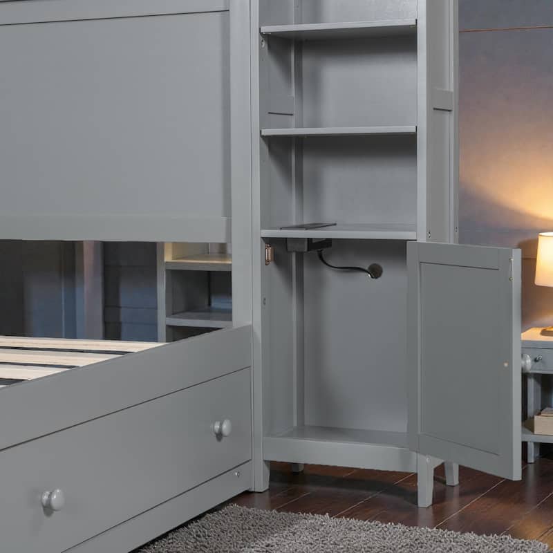 Queen Size Wooden Platform Bed with Storage Drawers, Shelves and Built-In Outlets, All-in-One Headboard Bed