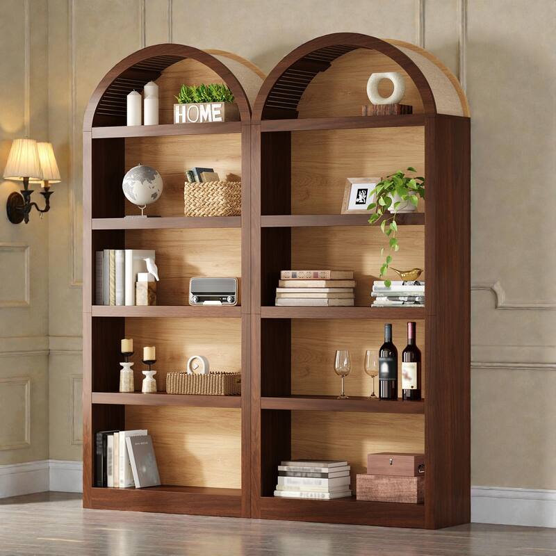 Farmhouse Tall Bookshelves Set of 2, Two Tone Arched Open Bookcase with Fabric Top, 5 Tier Storage Cabinet