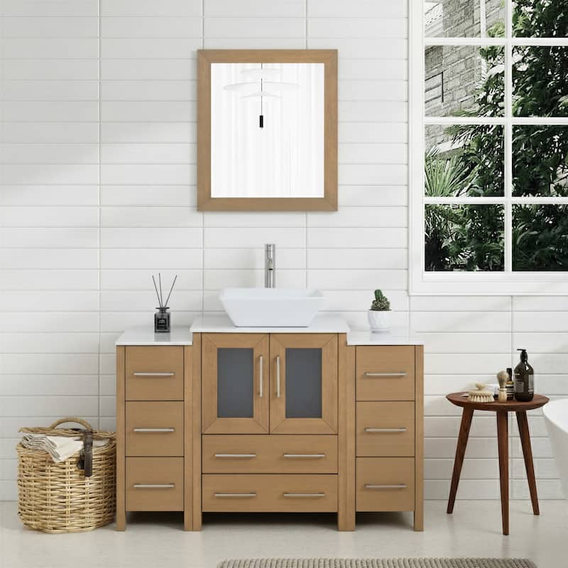 Vanity Art 48" Single Sink Bathroom Vanity Set with Engineered Marble Top and Free Mirror - 48 W X 18.5 D X 31.1 H - Natural Oak