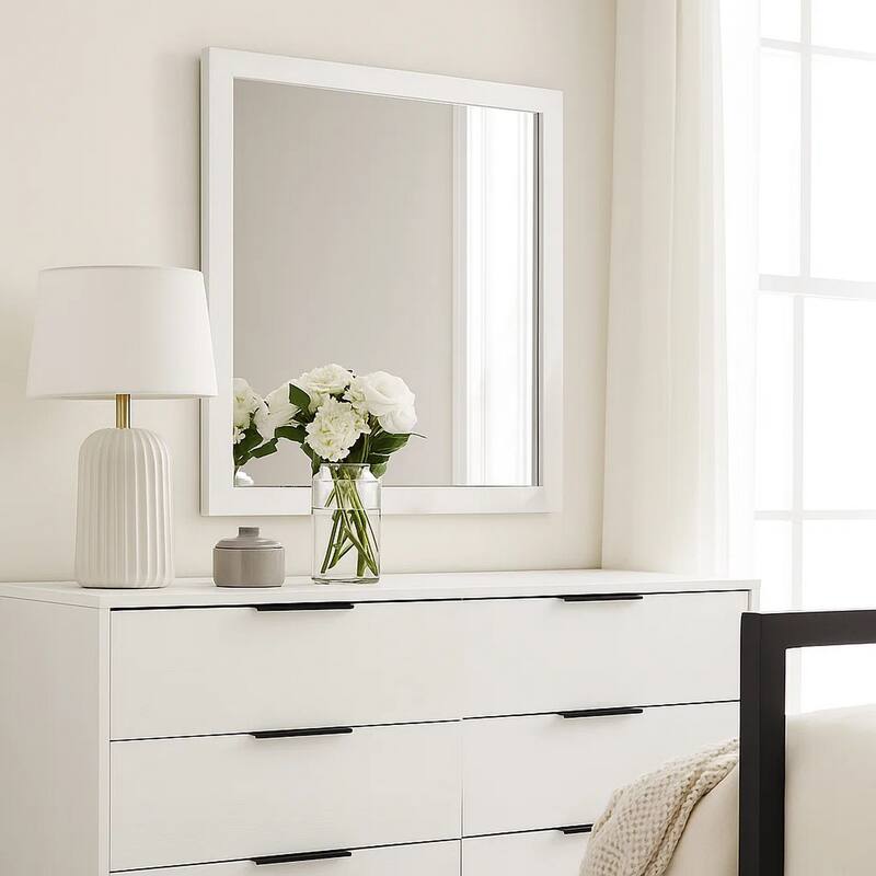 Dyl Dresser Mirror, Bevel Glass, White Wood Frame, 40 Inch Square