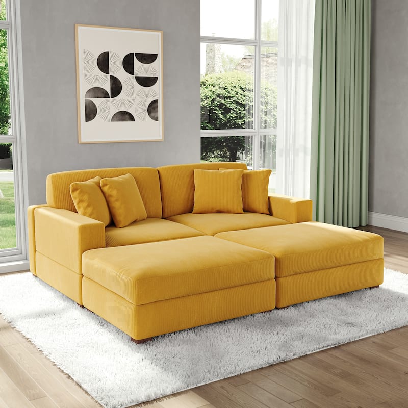 Modular Corduroy Sectional Sofa Set Chaise Couch with Ottoman - Orange-4 Piece/2