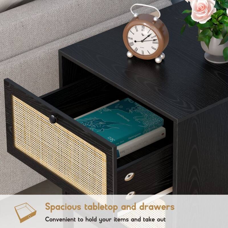 Boho Natural Rattan Nightstand with Drawer Set of 2