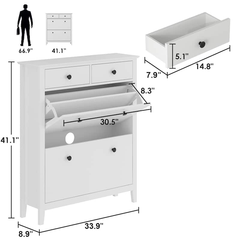Timechee 34"W x 9"D Shoe Storage Cabinet Fold Out Drawer Space Saving