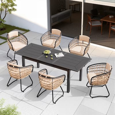 7PC Pellebant Outdoor Patio Aluminum Expandable Dining Set Table WPC Top with Rattan Chairs