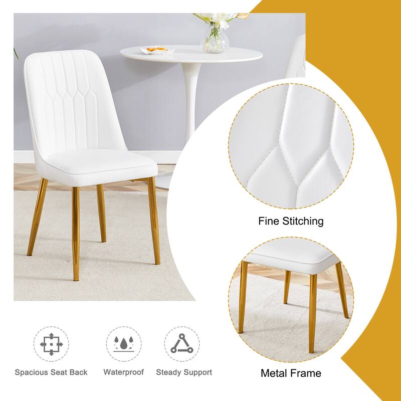 2 modern dining chairs, sleek PU leather backrest, and gold metal legs bring a comfortable home experience to the kitchen