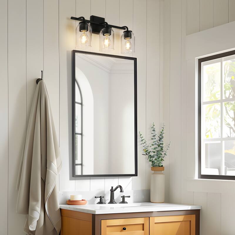 Modern 3-Light Black Gold Linear Bathroom Vanity Light Cylinder Glass Wall Sconces