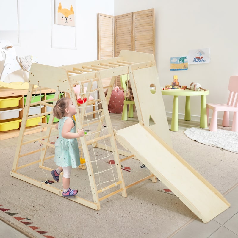 EROMMY 8-in-1 Wooden Climbing Gym for Kids - Indoor Playground Set with Slide, Monkey Bars, Climbing Wall, Wood & Rope Ladder