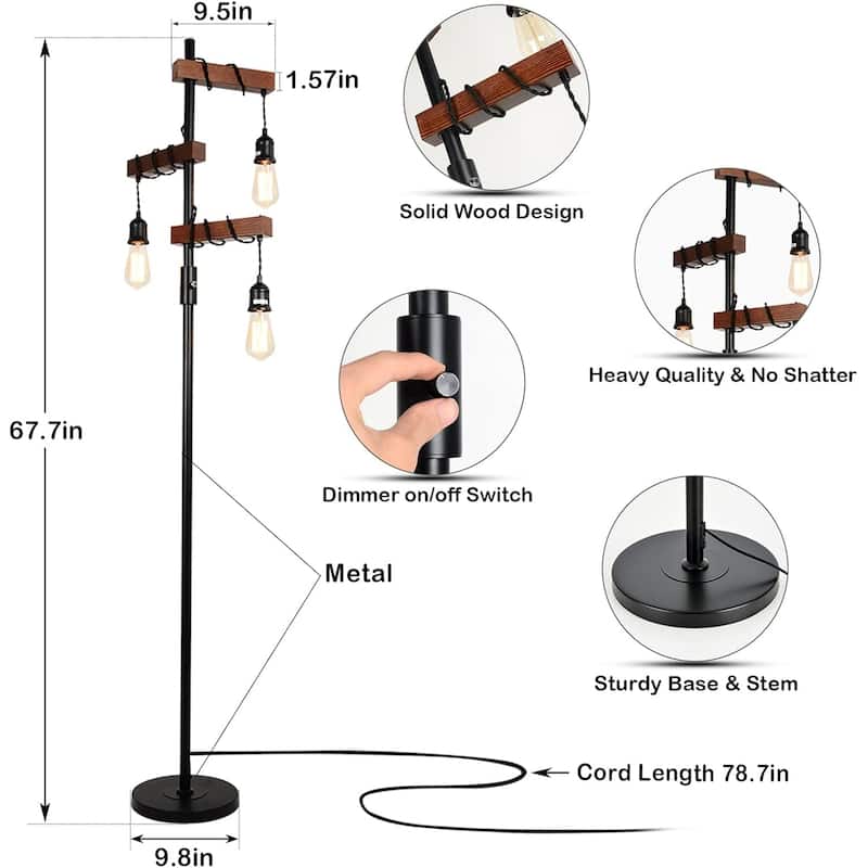 Industrial Tree Floor Lamp with 3 Dimmable Lights