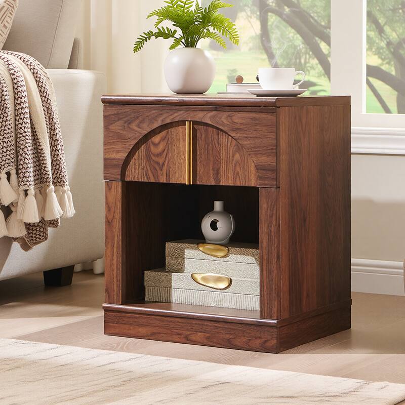 Modern Nightstand w/ Arched Panel, Bedside Table w/ Charging Station