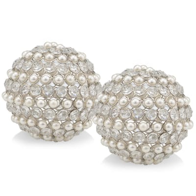 HomeRoots Set Of Two 5" Silver And Clear Faux Crystal Decorative Orb Sculptures - 5" H x 5" W x 5" D