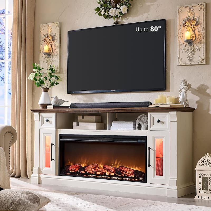 Farmhouse Fireplace TV Stand for 80 Inch TV, Entertainment Center - Antique White