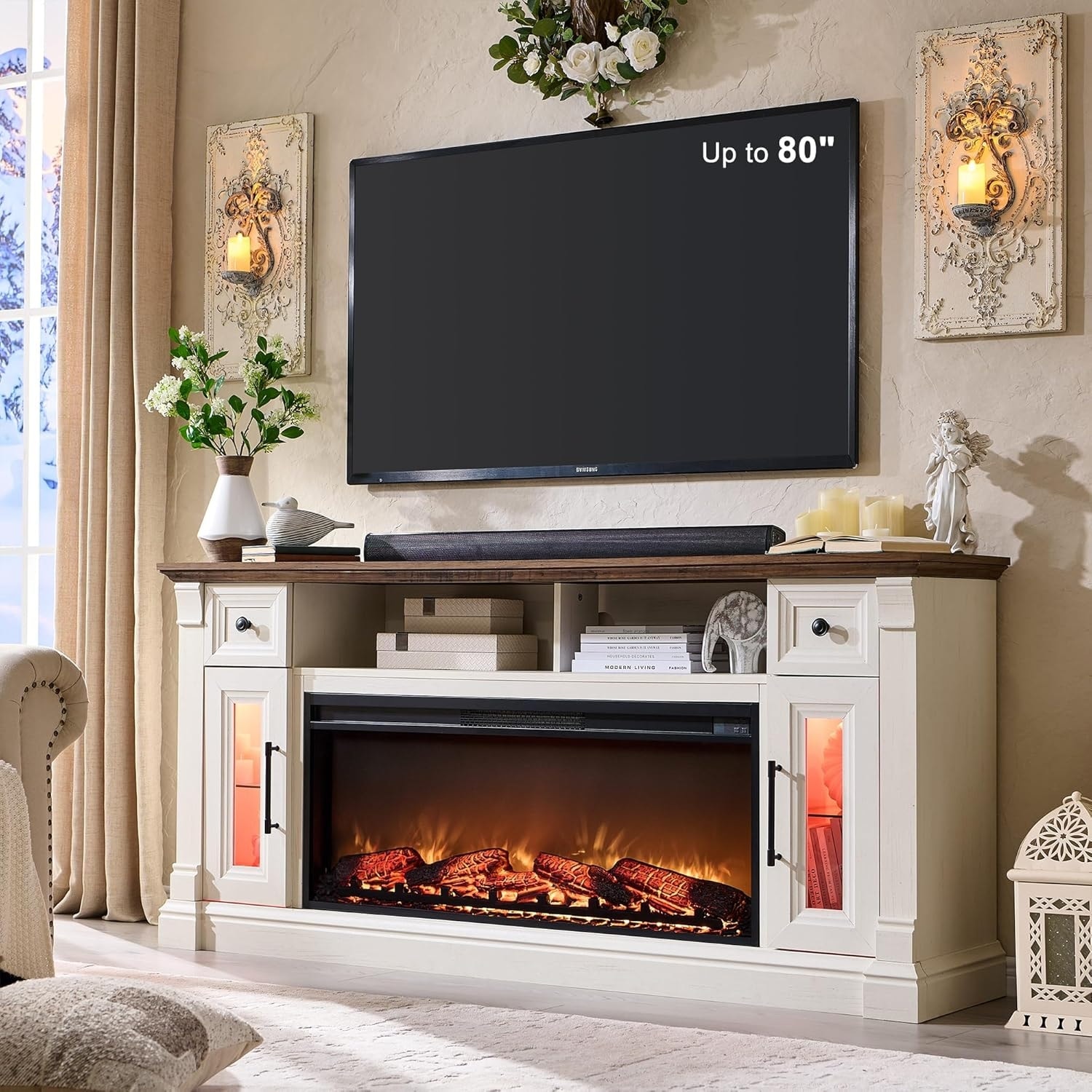 Farmhouse Fireplace TV Stand for 80 Inch TV, Entertainment Center