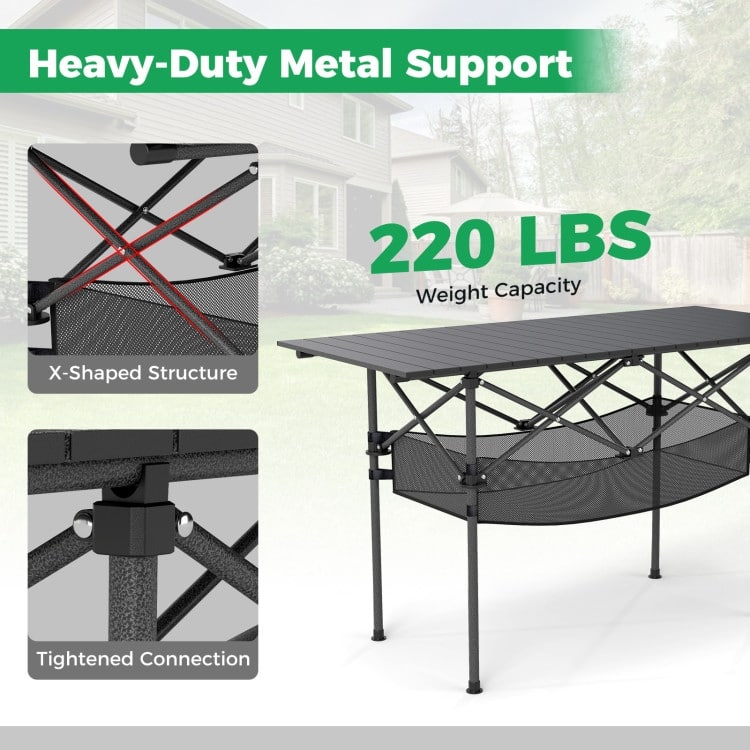 Aluminum Patio Folding Camping Table with Bag and Mesh Basket - 47" x 22" x 27" (L x W x H)