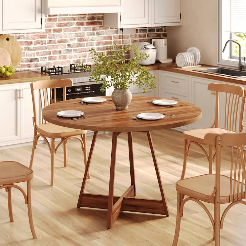 39.4" Round Dining Table for 4, Farmhouse Kitchen Table with Wooden Reinforced Base - Walnut