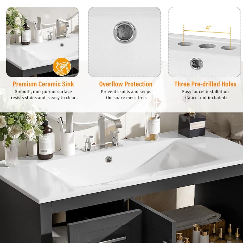 36" Modern Bathroom Vanity with Ceramic Sink, Soft-Close Door, Adjustable Shelf & 3 Drawers, Ample Storage