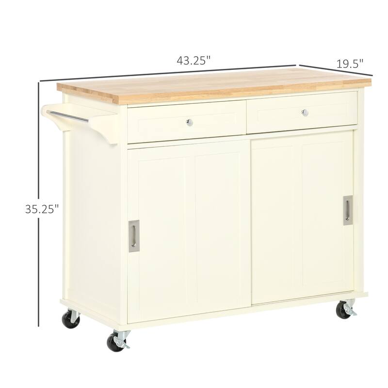 HOMCOM 43" Kitchen Island, Kitchen Storage Cart on Wheels with Sliding Doors, Cabinet, 2 Drawers, and Towel Rack, Cream White