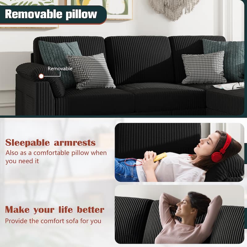 Futzca 79'' Corduroy Sectional Sofa Couch with Removable Pillow