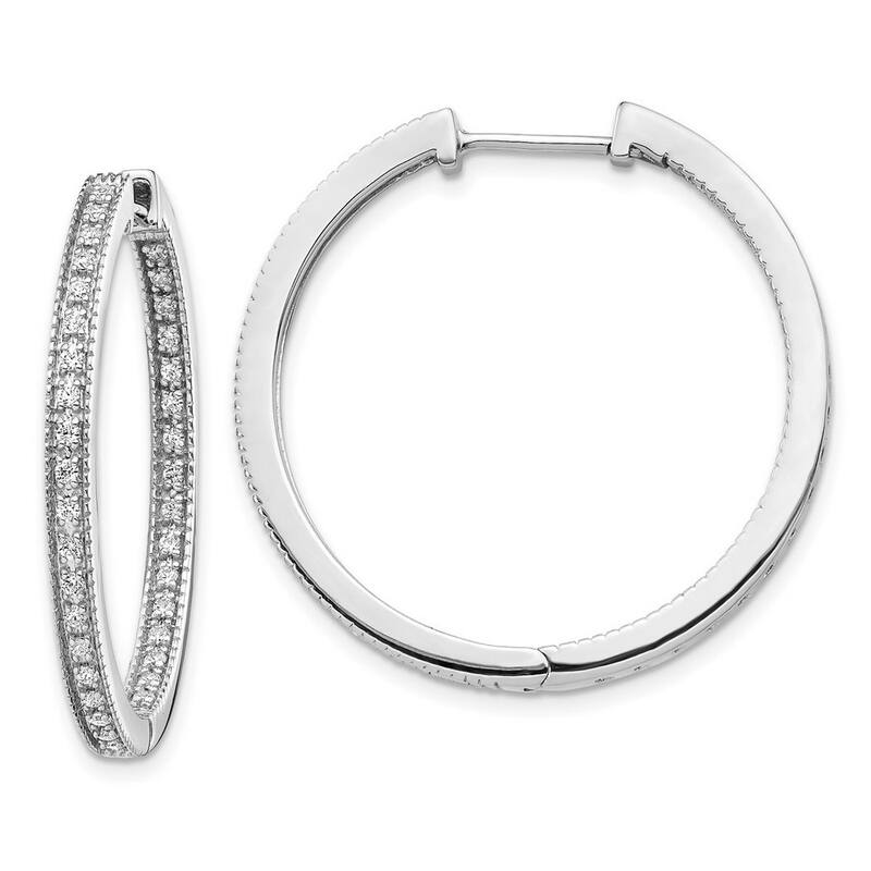 Curata 14k White Gold Polished Diamond In and Out Hinged Hoop Earrings - 28x29mm Wide 2mm Thick