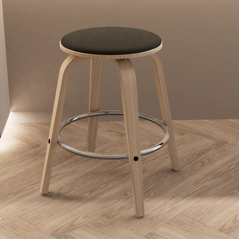 Pelya Leather Swivel Round Counter Stool with Wood Legs and Chrome Footrest for Kitchen Island or Dining Area Set of 2