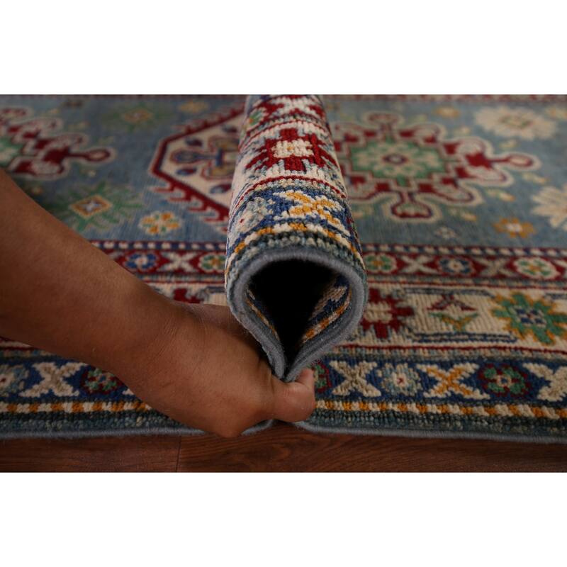 Light Blue Kazak Oriental Runner Rug Handmade Geometric Wool Carpet - 2'7" x 12'7"