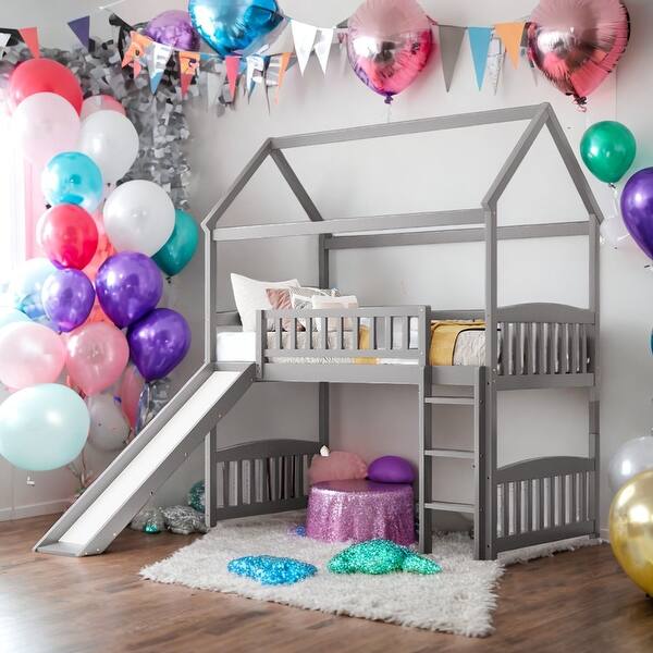 slide 2 of 13, Twin Size Loft Bed House Bed With Slide,Sturdy Construction for Home Grey