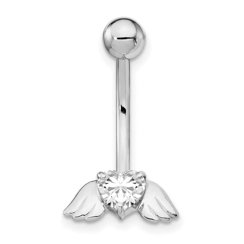 Curata 10k White Gold 14g Heart CZ Simulated Diamond Angel Wings Belly Ring Dangle (12mm x 23mm)