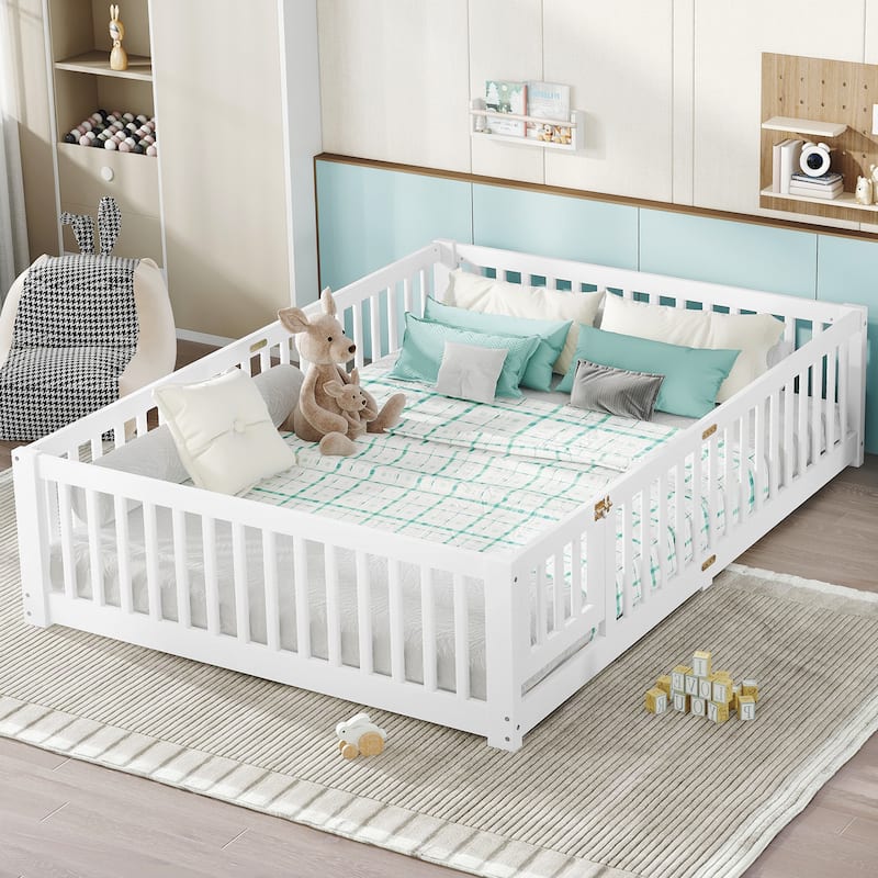 Montessori Toddler Floor Bed with Fence and Switchable Door, Low Profile Bed Frame with Removable Slats, Safe Transition Bed - White - Queen