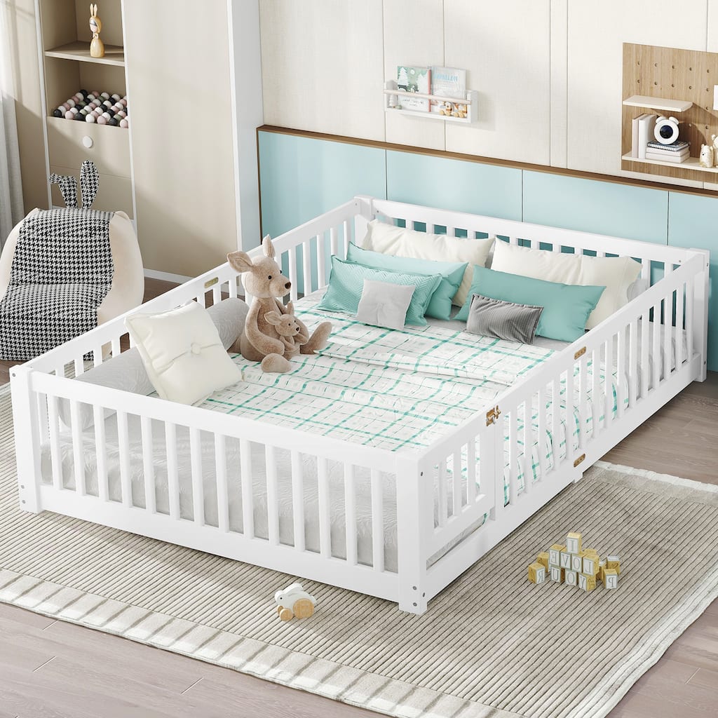 Montessori Toddler Floor Bed with Fence and Switchable Door, Low Profile Bed Frame with Removable Slats, Safe Transition Bed