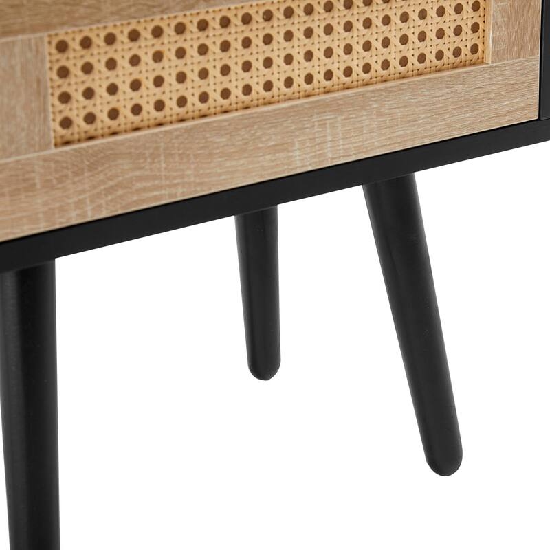 Rattan Nightstand with Drawer, Solid Wood Legs, 16"" Side Table
