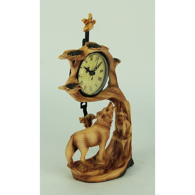 Wolf Family Safari Carved Wood Look Clock Figurine - 11.5 X 6 X 2.5 inches