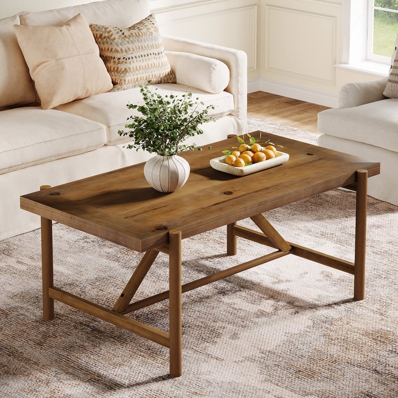 47-Inch Solid Wood Coffee Table with Column Legs, Farmhouse Center Tea Table for Living Room, Apartment