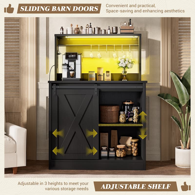 Farmhouse Wine Bar Cabinet with Barn Door & Charging Station,Sturdy Buffet Coffee Bar Cabinet with LED Lights & Hutch