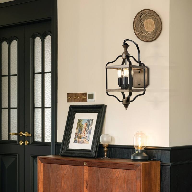 CurveCurio 17" Antique Matte Black Wall Light Metal Farme and Solid Wood Shade, 3 Light Wall Sconces - 12"*8"*17"