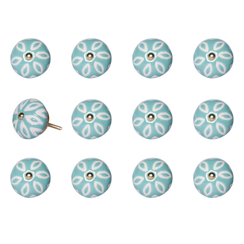Set of 12 Ceramic Drawer Knobs Aqua White Round Cabinet Pulls with Gold Finish and Screws Included - 1.5” x 1.5” x 1.5”