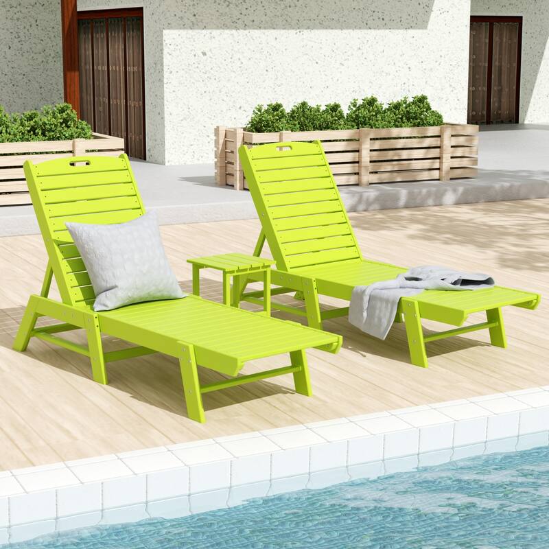 Laguna Hdpe All Weather Outdoor Patio Pool Reclining Armless Chaise Lounges With Square Side Table (3-Piece Set) - Lime