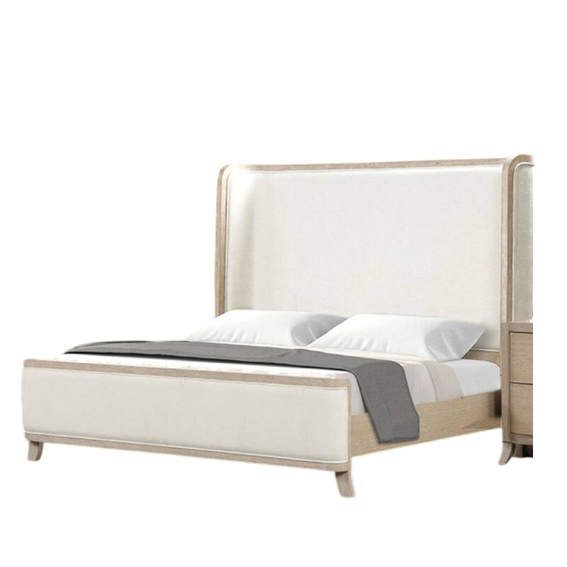 Fea Queen Bed, Natural Oak, Shelter Padded Headboard, White Upholstery