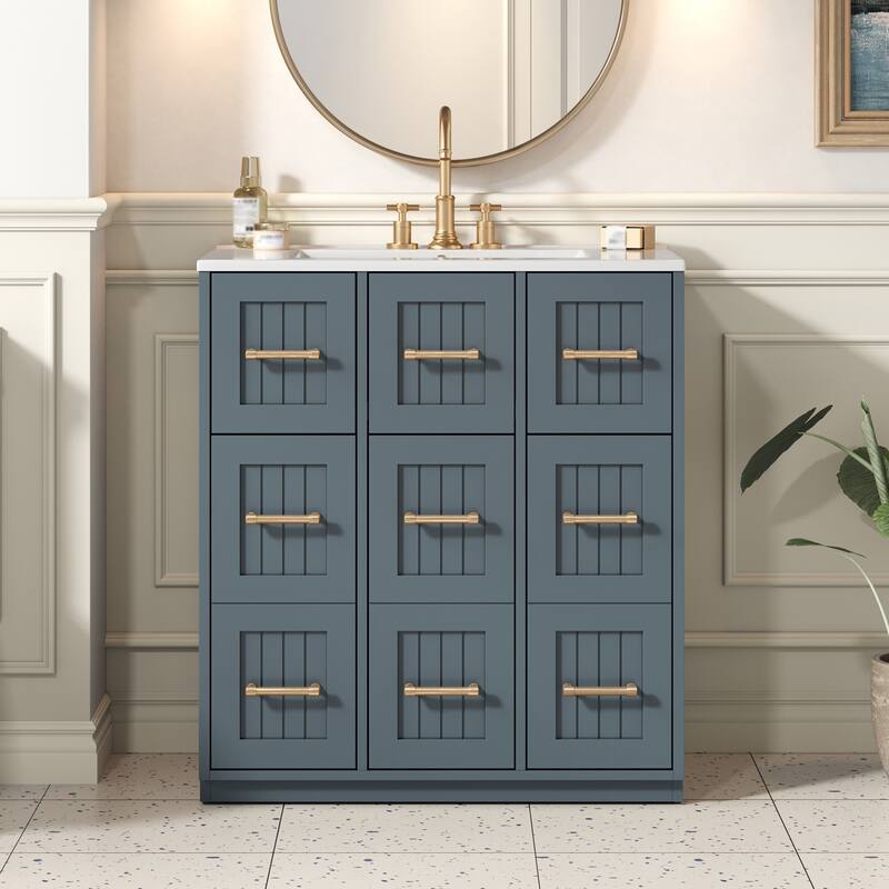 30" Freestanding Bathroom Cabinet with Integrated White Ceramic Sink - 30'' x 18.4'' x 33.8''