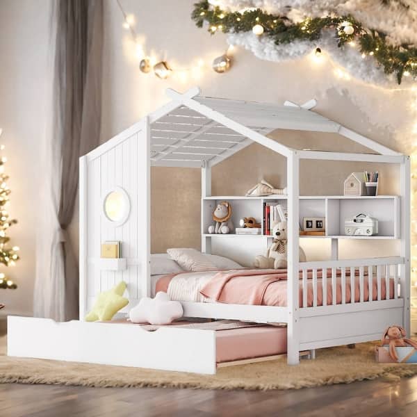 slide 2 of 36, Modern Design Full Size House Bed with Wooden Trundle-White White