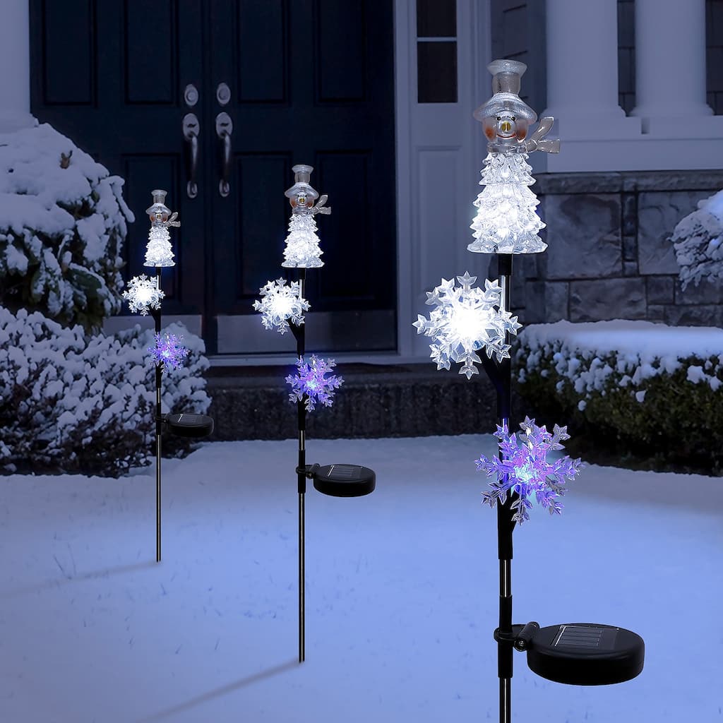 Alpine Corporation 33"H Outdoor Solar Snowman and Snowflakes Garden Stake with LED Lights - White