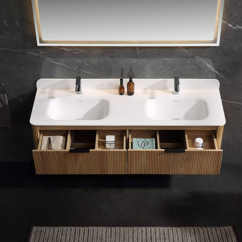 Modland 60" Natural Reeded Oak Wall-Mounted Double Sink Bathroom Vanity with Acrylic Top