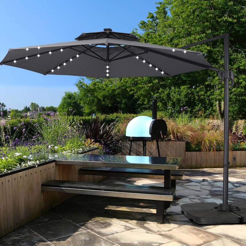 Ainfox 10ft Patio Umbrella with Lights 3-Tier Octagonal Outdoor Solar Umbrella (No Base) - Grey