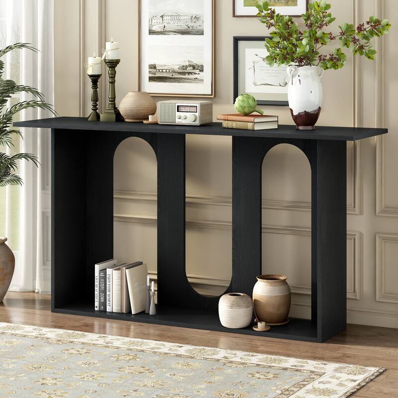 60" Curved Console Table with Ash Veneer Shelf - Black