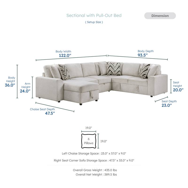 Marseille Chenille 3-Piece Sectional Sofa with Pull-out Bed & Storage